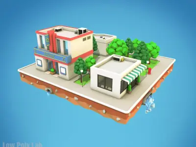 Cartoon City Block Cinema Low-poly 3D model
