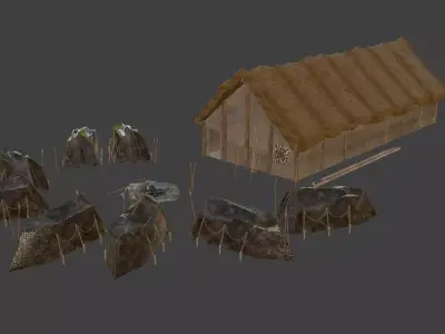 Prehistoric village tents fireplace 3D model