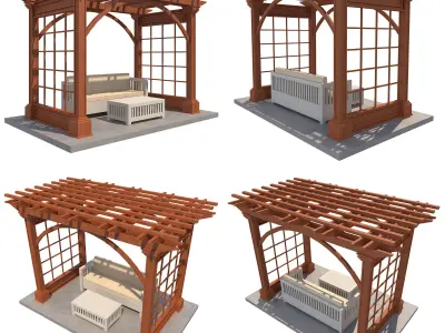 Pergolas Set 3 wooden pergola with bench and table Low-poly 3D model