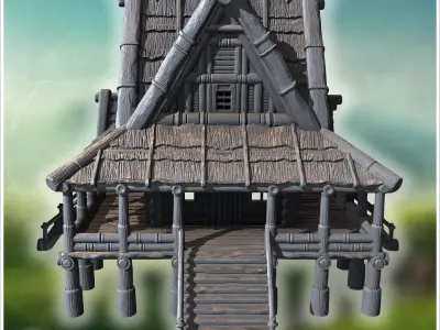 Elevated rustic wooden house with detailed porch steep stairs an 3D print model