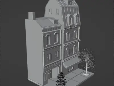Buildings brick building with awning Low-poly 3D model