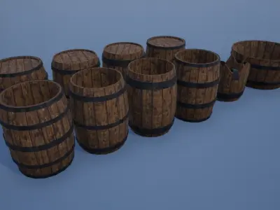 Wooden Barrels and Bathtub-bowl Low-poly 3D model