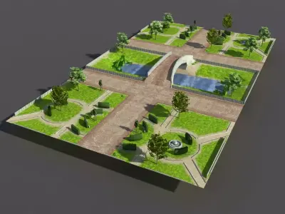 Low poly Park garden with grass and trees Low-poly 3D model