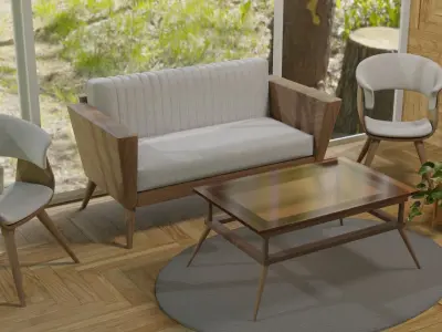 modern living room include modern wood chair and wooden sofa 3D model