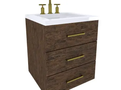 Vanity bathroom with drawers and brass faucet 3D model