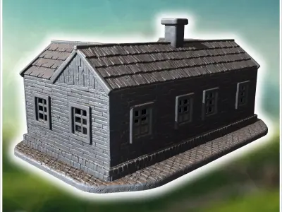 Wooden house with a chimney intact walls and a covered entrance  3D print model