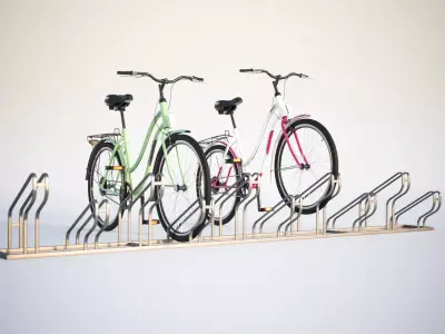 Bike stand with two colorful bikes 3D model