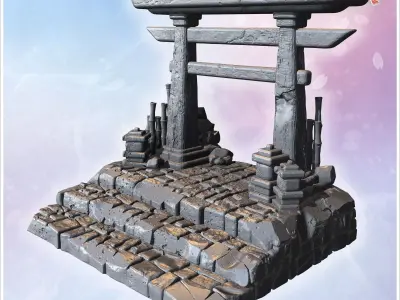 Small torii gate on stone steps with surrounding decorative bamb 3D print model
