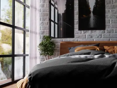 Bedroom with pillows and curtain  Low-poly 3D model