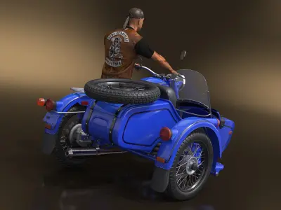  Biker on Retro Classic Blue Motorcycle with Sidecar 