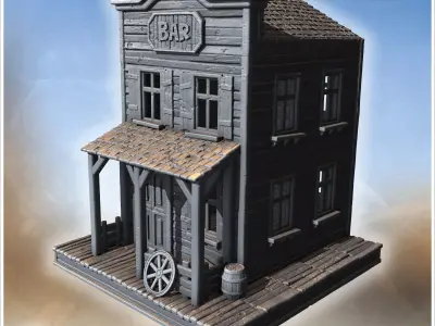 Two-story wooden bar with porch wagon wheel barrel and tiled roo 3D print model