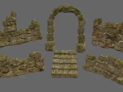 wall set 1 stone with moss Low-poly 3D model