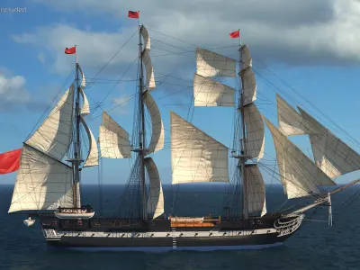  Three Masted Heavy Frigate Raised Sails 