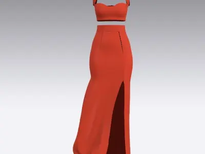 two pieces blouse and slit skirt  orange color  look Low-poly 3D model
