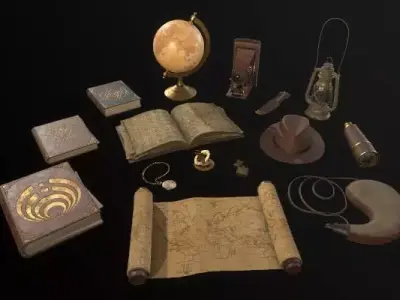 Explorer equipment complete set Globe Compass Telescope Low-poly 3D model