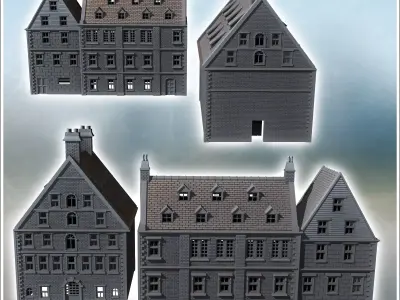 Set of two large modern brick buildings with sloping roofs and d 3D print model