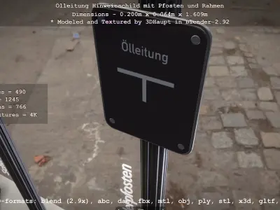 Hinweisschild Oelleitung mit Pfosten und Rahmen Low-poly 3D model