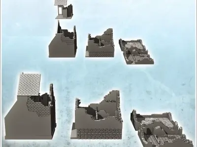 Set of four ruined buildings with rubble and tile roof 26 - Mode 3D print model
