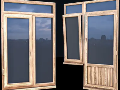 windows two wooden doors with glass Low-poly 3D model