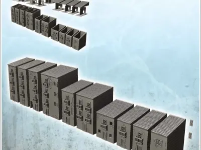 Set of ten urban multi-storey buildings with single roof intact  3D print model