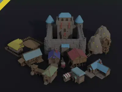 Cartoon fantasy city buildings Polygonal Style Low-poly 3D model