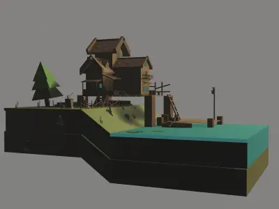 Lowpoly House on island Low-poly 3D model