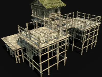 BAMBOO WATCHTOWER FORT SHELTER HOUSE TREE JUNGLE HUT SURVIVAL Low-poly 3D model