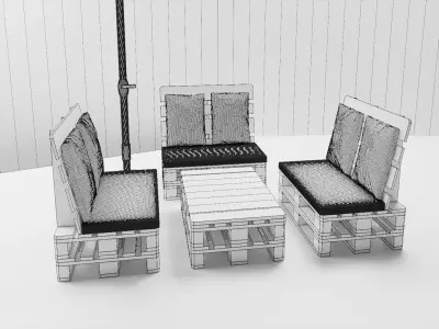 Garden set 4 wooden patio with umbrella 3D model