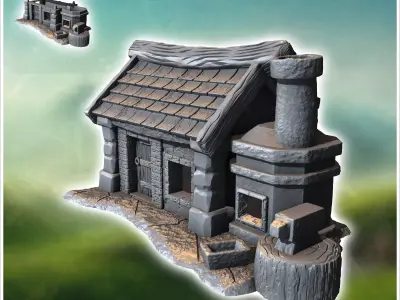 Medieval forge with outdoor fireplace anvil and tiled roof 10 -  3D print model