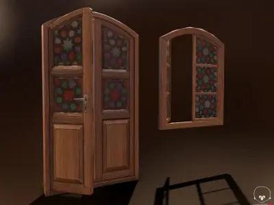 Old Wooden Door and Window Low poly PBR  Low-poly 3D model