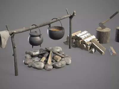 Bonfire with Hanging Cauldrons and firewood 3D Model Pack