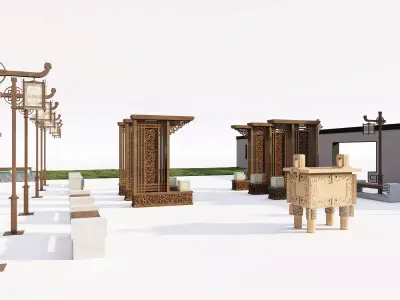 Modular Chinese Japanese Archway Lantern and Bench Set 3D model