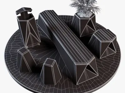 Street set of concrete benches and potted plant Low-poly 3D model