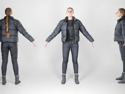 Charming blonde woman in black down jacket in A-pose 166 Low-poly 3D model
