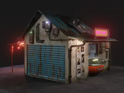 Low Poly Cyberpunk Sushi House for Games or Rendering Low-poly 3D model