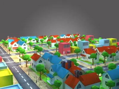 Housing Low-Poly city with houses and roads Low-poly 3D model