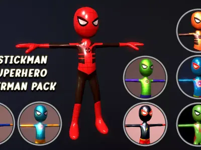 Low poly StickMan Superhero spiderman Pack Rigged 3D model Low-poly 3D model