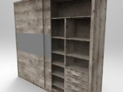 wardrobe-sliding-doors wooden wardrobe with shelves and drawers Low-poly 3D model