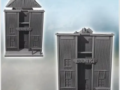 Futuristic western-style bank building with ventilation wood and 3D print model