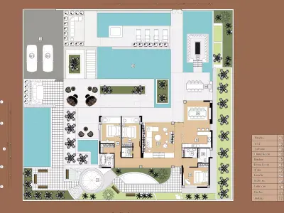 Modern Villa Plan with Pool Fire Pit and Gazebo  3D model