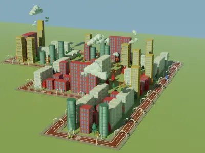LOW POLY CITY with buildings and trees 3D model