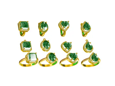 Gold  ultra light Jewellery Set With Diamonds heart oval Octagon 3D print model