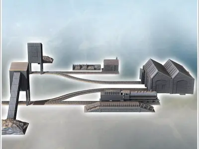 Industrial railway complex with sheds for trains locomotives and 3D print model
