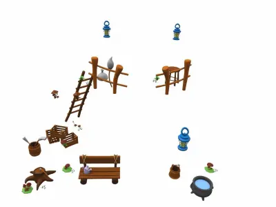 Cartoon tree house and props 3D model