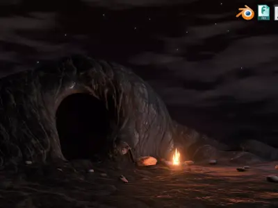 Spooky cave with an animated Fire Low-poly 3D model