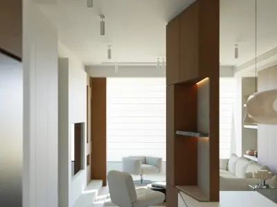 Minimalist Wooden Dining and Living Room Interior Scene 3D model
