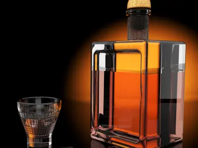 Square whisky bottle and glass with ice cubes 3D model
