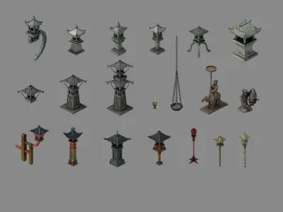 Game Architectural - stone lamp - brazier lamp 3D model