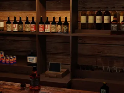 Bar counter with various drinks and red lighting Low-poly Low-poly 3D model