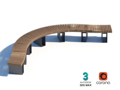 Curved Wooden Bench for Urban Parks and Public Spaces 3D model